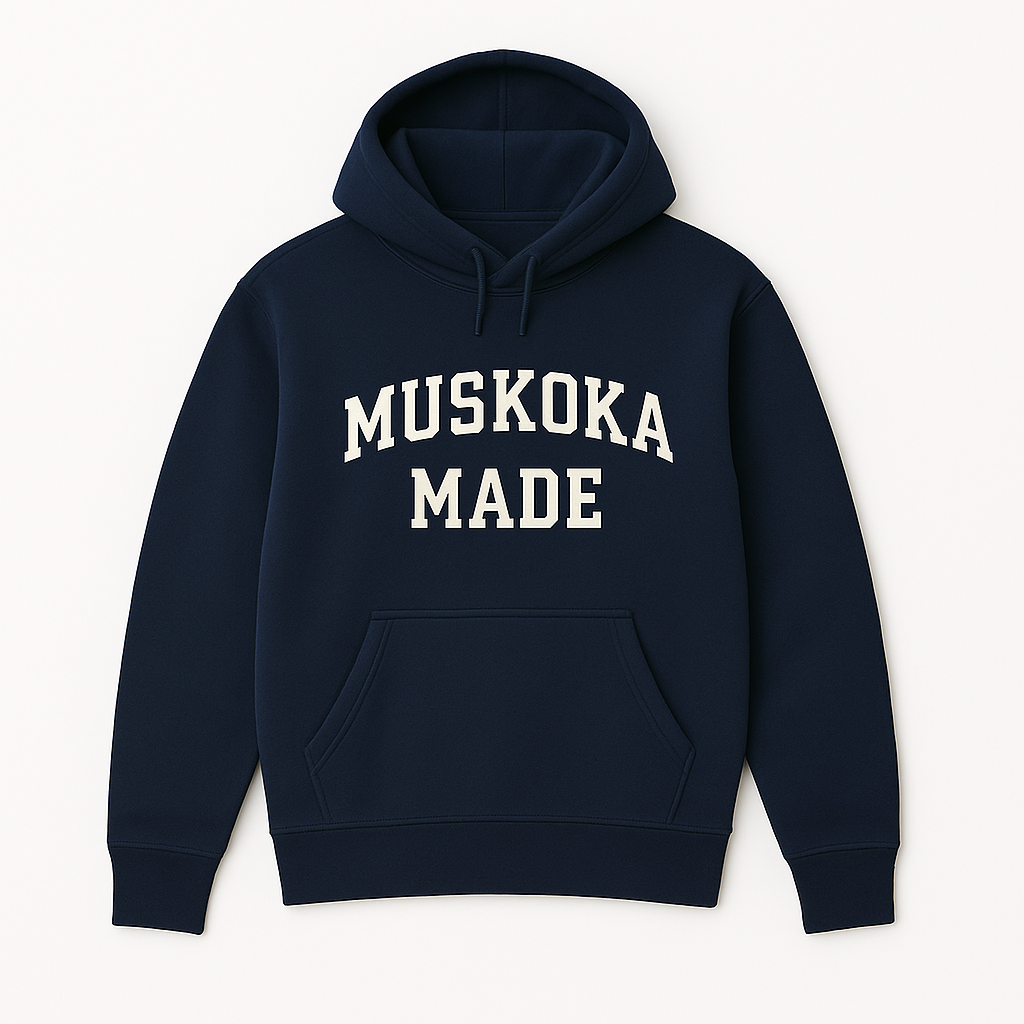 Navy blue hoodie with 'Muskoka Made' text on a white background