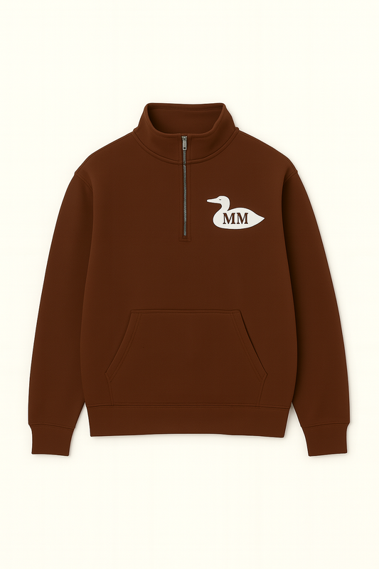 Brown sweatshirt with a logo on the chest against a white background