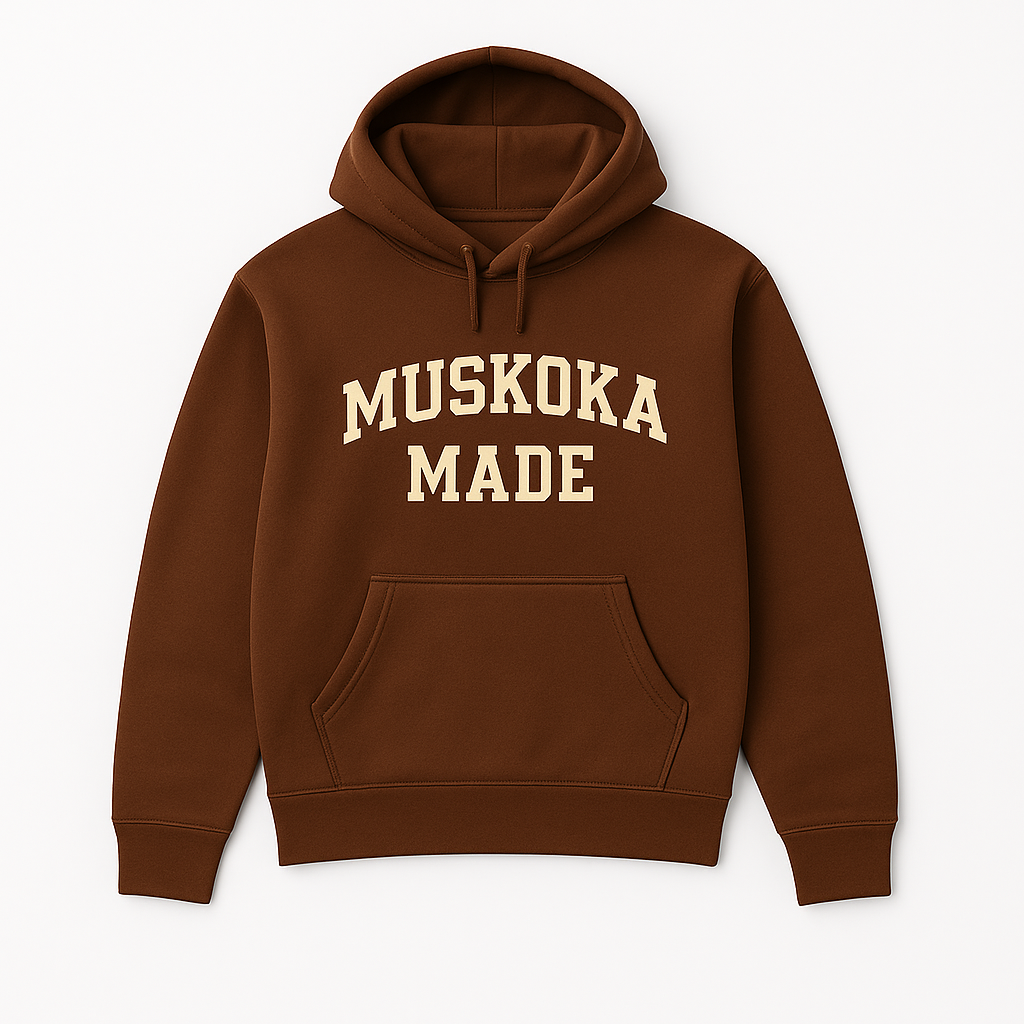 Brown hoodie with 'Muskoka Made' text on a white background