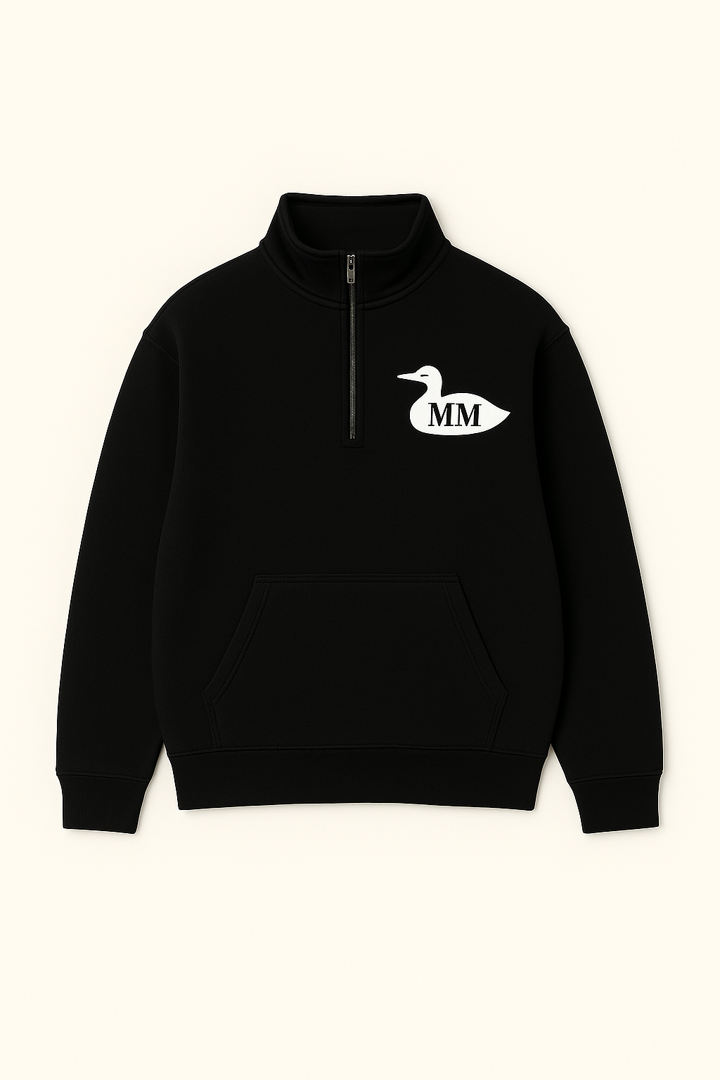 Black quarter-zip sweatshirt with a logo on a beige background
