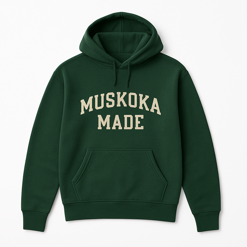 Green hoodie with 'Muskoka Made' text on a white background
