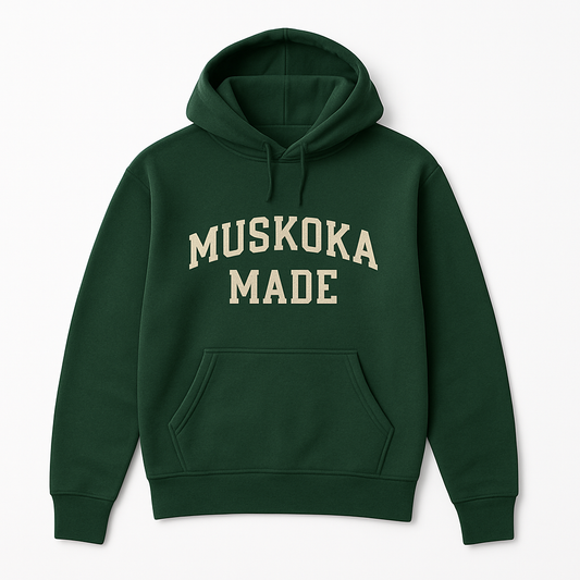 Green hoodie with 'Muskoka Made' text on a white background