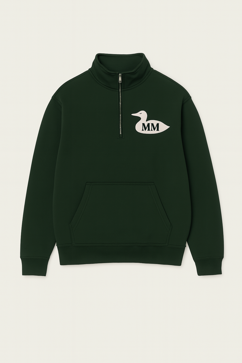 Dark green half-zip sweatshirt with a logo on a light beige background