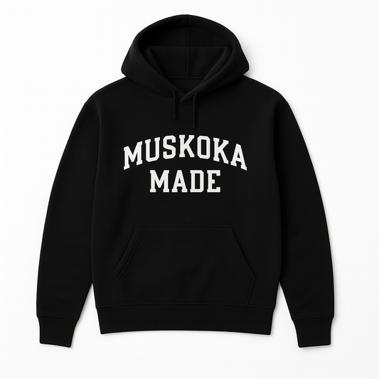 Black hoodie with 'Muskoka Made' text on a white background