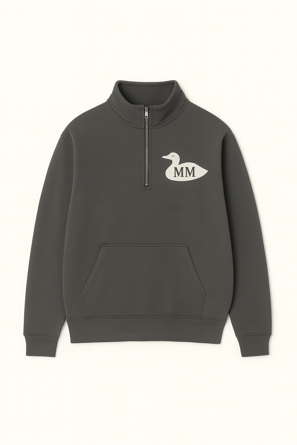 Dark gray sweatshirt with a logo on a white background