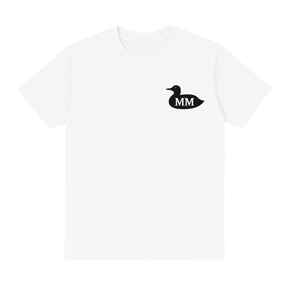 White t-shirt with a black duck logo and 'MM' text on a white background