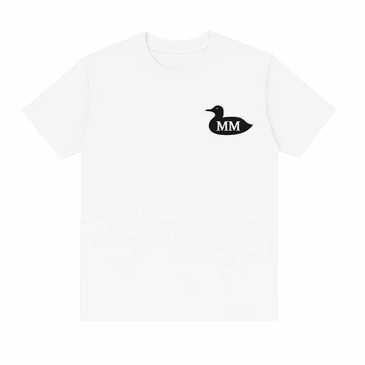 White t-shirt with a black duck logo and 'MM' text on a white background