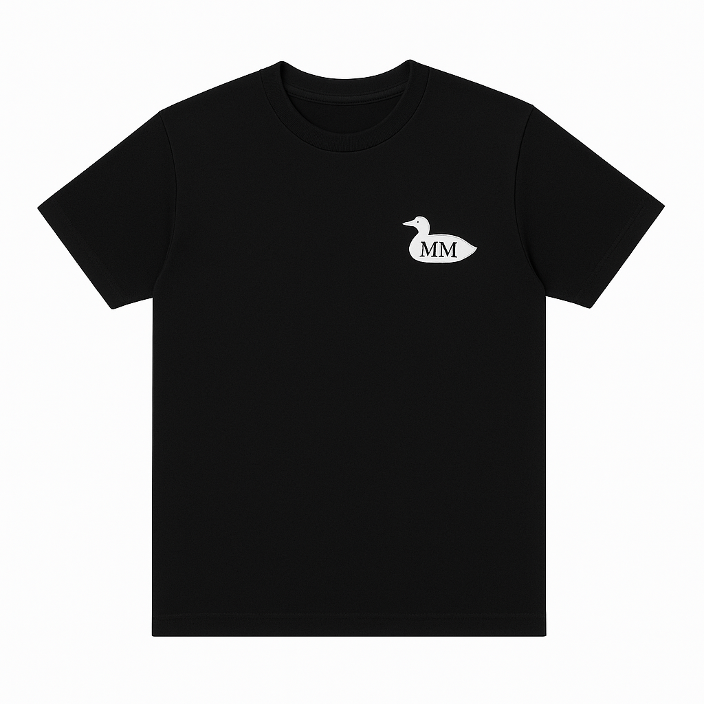 Black t-shirt with a white logo on a white background