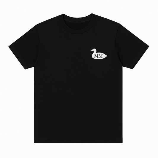 Black t-shirt with a white logo on a white background